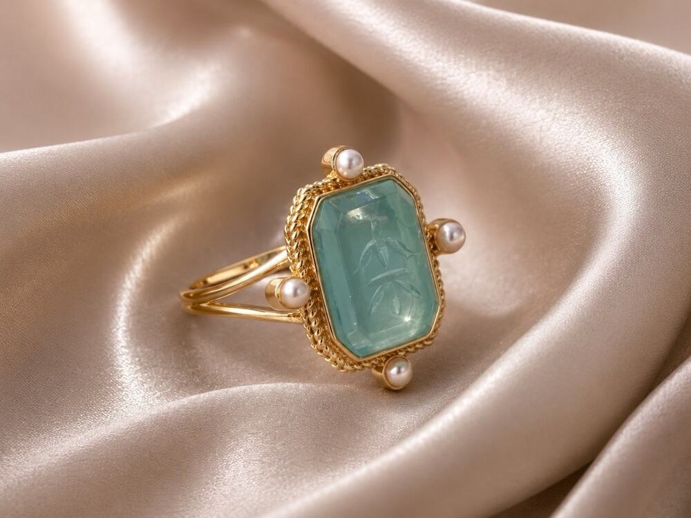 Museum Floral Intaglio Ring Sz 6 Pearl Gold Cameo Flower Blue Geometric Boho VTG